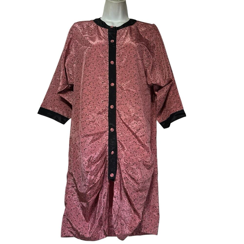 Vintage Pink Satin Robe Black Trim Button Front Housecoat Lounge Dress